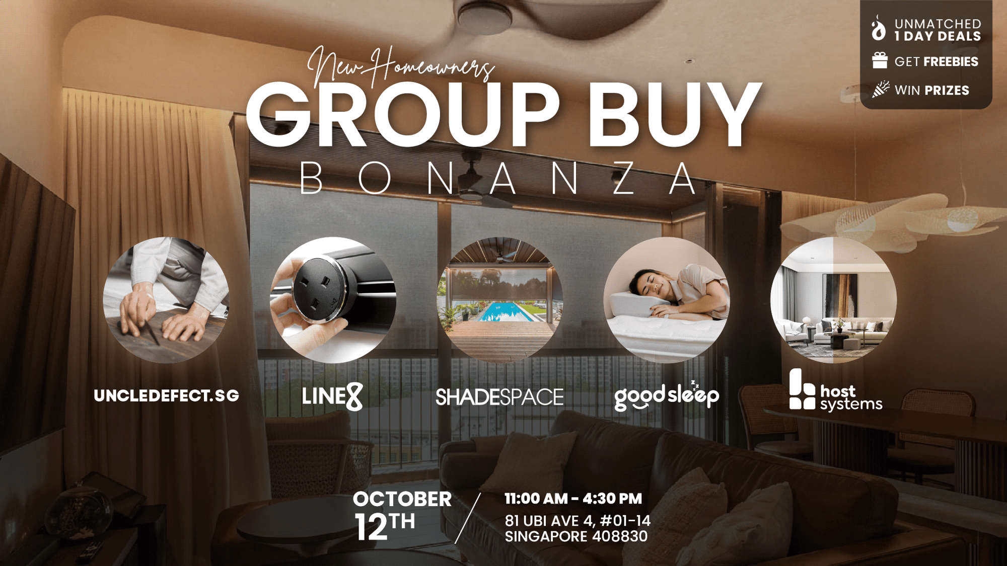 Promo poster for 'New Homeowners Group Buy Bonanza' on Oct 12th at ShadeSpace Showroom, showcasing sponsor products