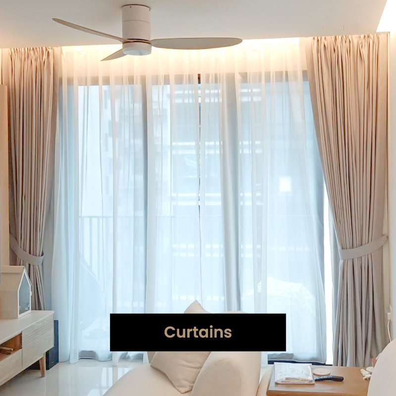 Modern living room window dressed with day and night curtains for seamless transition between daylight and night time privacy