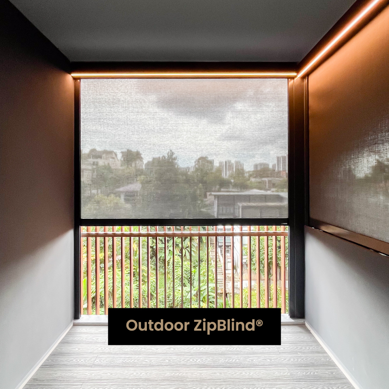 Balcony outdoor ZipBlind® with LED lighting, providing shade and ambiance